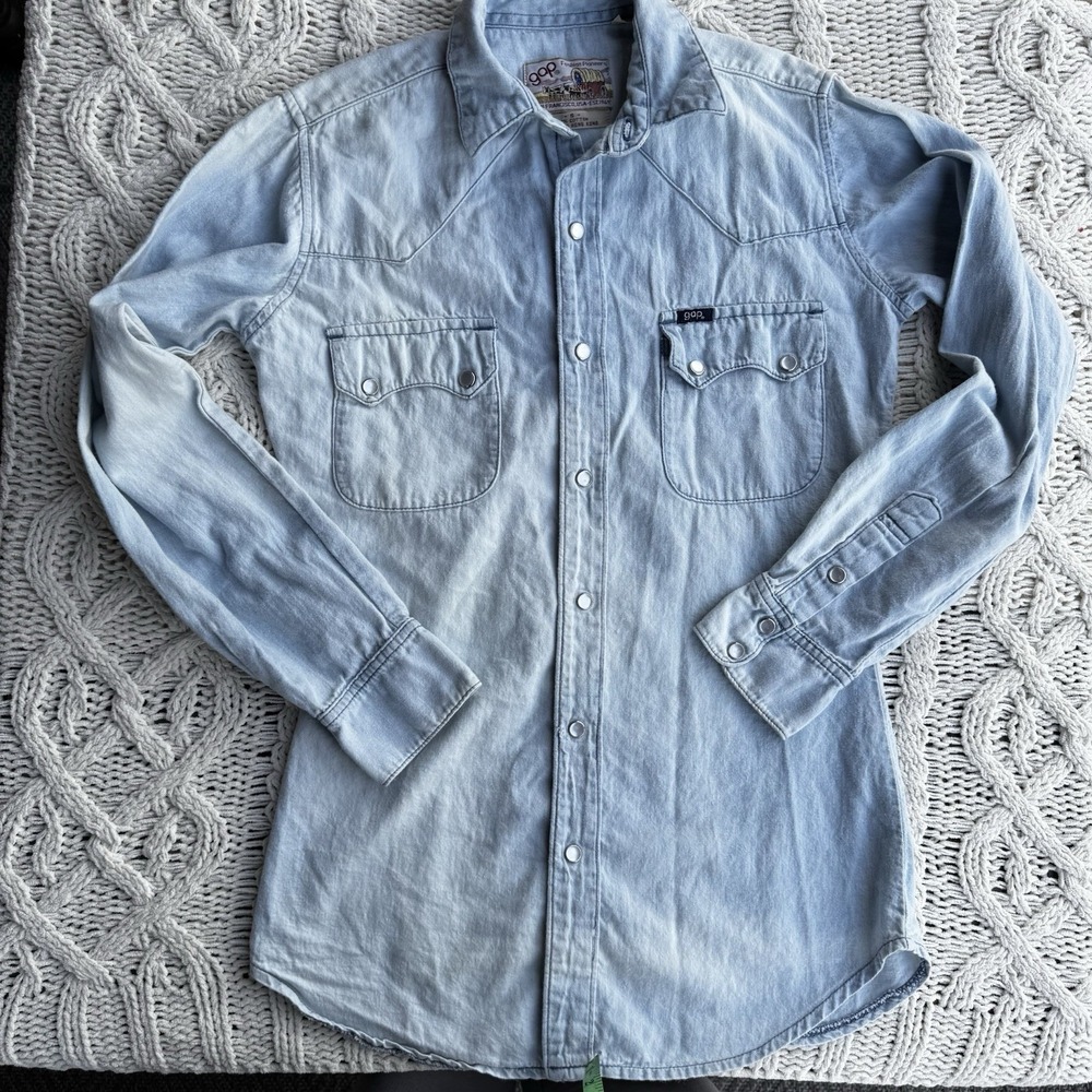 VTG 70'S Gap Women's Chambray Snap Pearl Button Fitted‎ Shirt Small *flaw